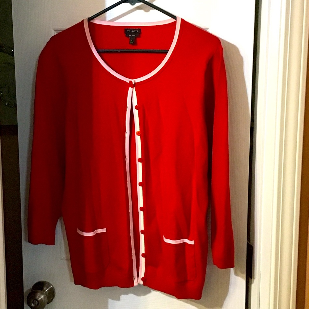 Talbots Red Cardigan with White Trim